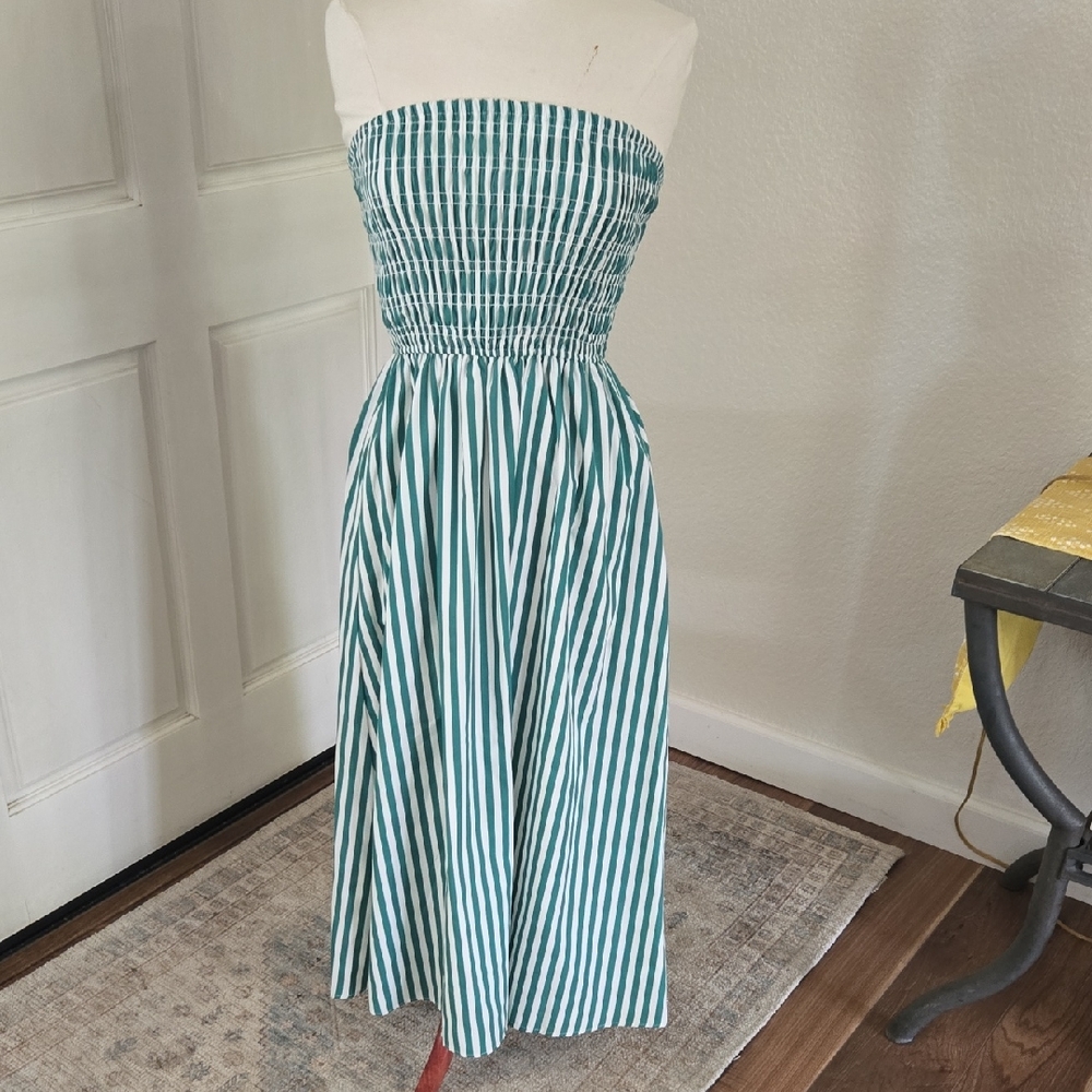 Blu Pepper Teal and White Strapless Smocked Midi Dress